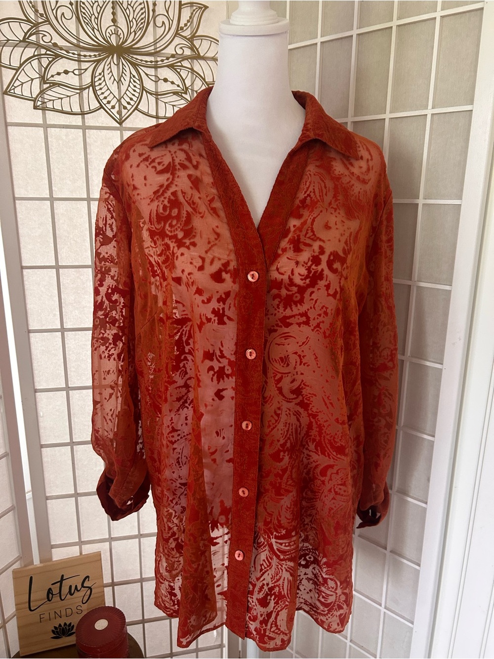 Chico’s Burnout Paisley Sheer Button-Down Tunic Top Size 2 Large